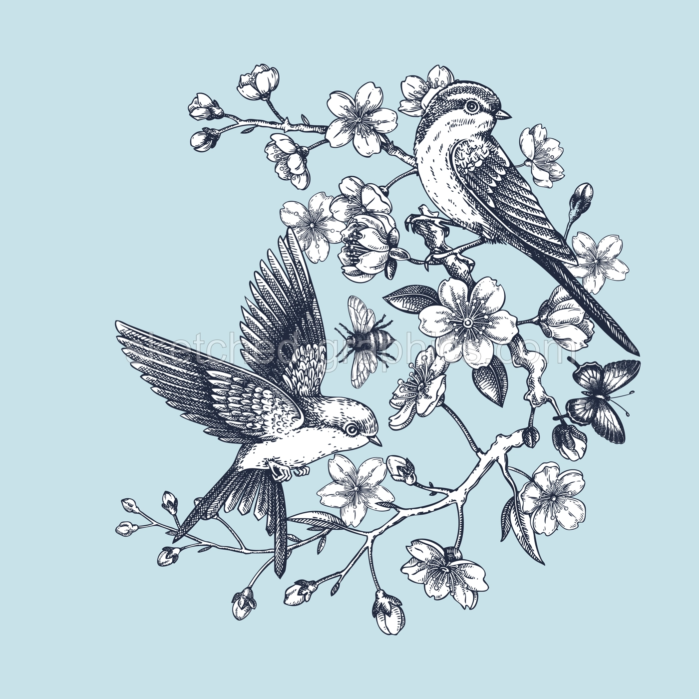 Rococo spring poster template. Japanese art. Sakura, blooming cherry, flying bird hand-drawn illustration. Vector floral design for print. NOT AT generated Illustration